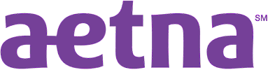 Colorful glitched text reading "aetna" on digital background.